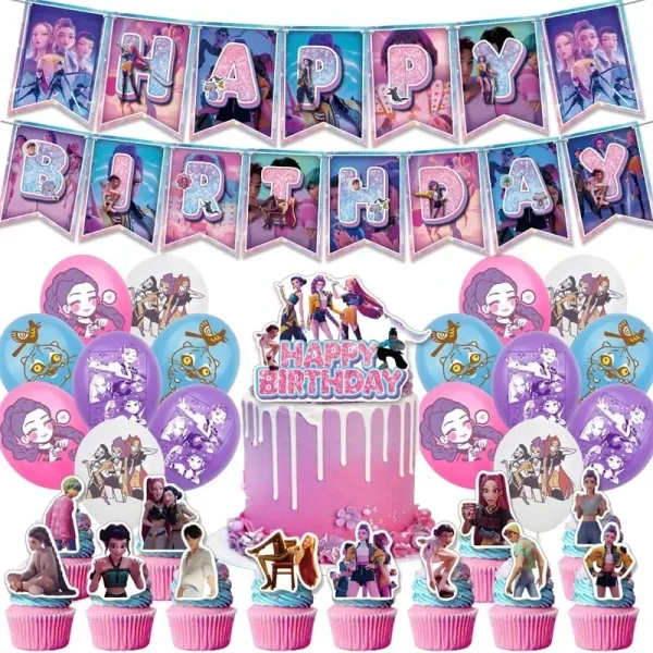 Kpop Demon Hunters Set di decorazioni per feste di compleanno Cake Topper Bandiera Palloncini Fondali Adesivi Fan Forniture Decorazioni per feste 3