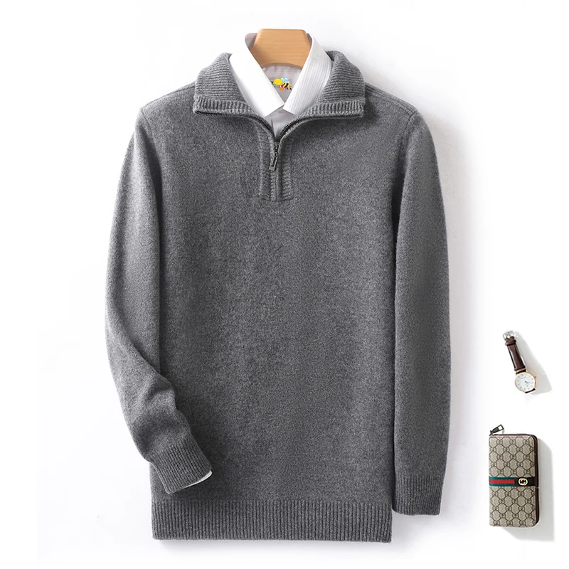 Autunno e inverno nuovi uomini 100% lana merino maglione casual lavorato a maglia business mezza zip pullover addensato caldo manica lunga felpa 4