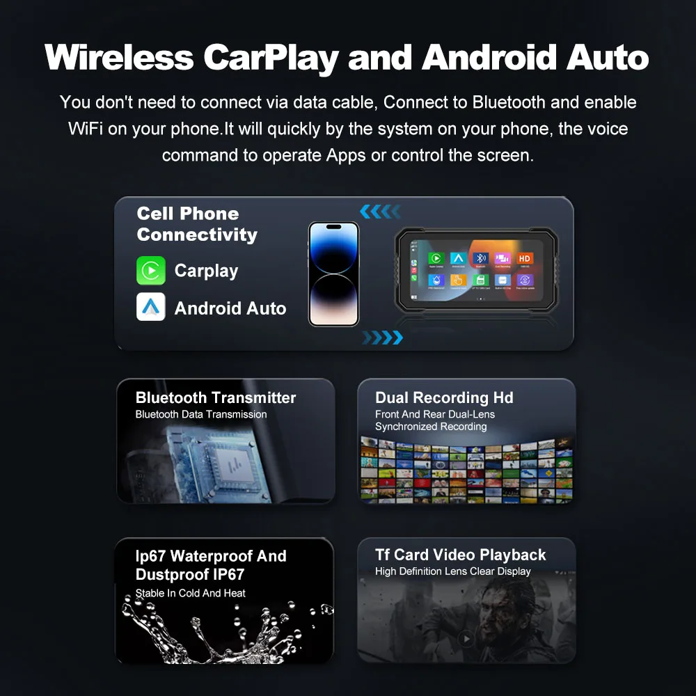 BEPOCAM 5 "/6.25" Navigazione GPS per Moto DVR Schermo Carplay per Moto Doppia Fotocamera Registratore di Azionamento IPX7 Impermeabile Moto Monitor 6