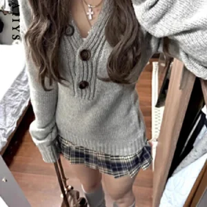 Maglione Aoaiiys da donna maglioni lavorati a maglia a maniche lunghe grigio Spice Girls pullover sottile autunno inverno nuovi comodi maglioni casual 1