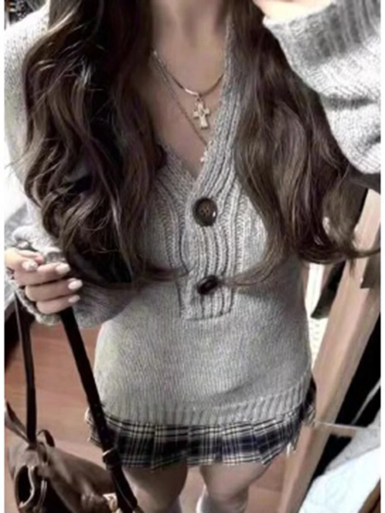 Maglione Aoaiiys da donna maglioni lavorati a maglia a maniche lunghe grigio Spice Girls pullover sottile autunno inverno nuovi comodi maglioni casual 6