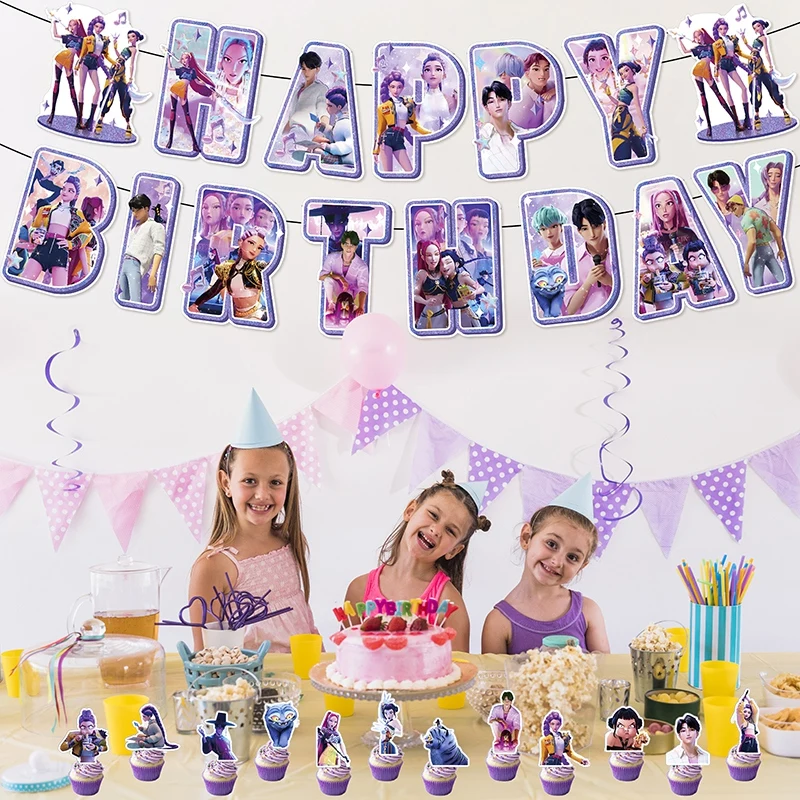 Hot Anime Kpop Decorazione festa di compleanno Huntrix Kpop Forniture per feste di compleanno Demon Hunter Group Cake Topper Palloncini Set di decorazioni 3
