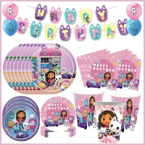 Kit di decorazione di compleanno per casa delle bambole Gabby Mix Tovaglioli di compleanno Gabby Tazze Tovaglie Piatti Gabby Cat Palloncino Forniture Bomboniera 1