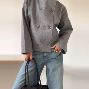 Dolcevita solido Cappotti tascabili doppiopetto Giacca da donna casual a maniche lunghe allentata 2025 Giacche da donna da ufficio autunnali 1