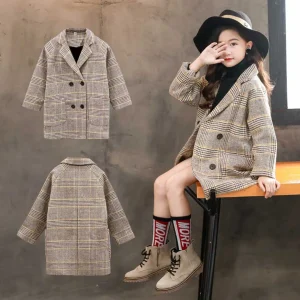 Cappotto di lana invernale per ragazza giacca spessa Toddler Girls Plaid capispalla abbigliamento per bambini autunno inghilterra adolescente Trench uniforme scolastica 1