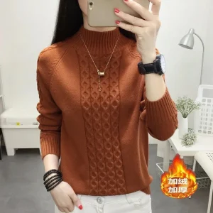 Twist maglione caldo Semi-alto a collo alto autunno e inverno 2024 nuovo aggiungi maglione allentato imbottito in velluto tinta unita camicia da donna 1