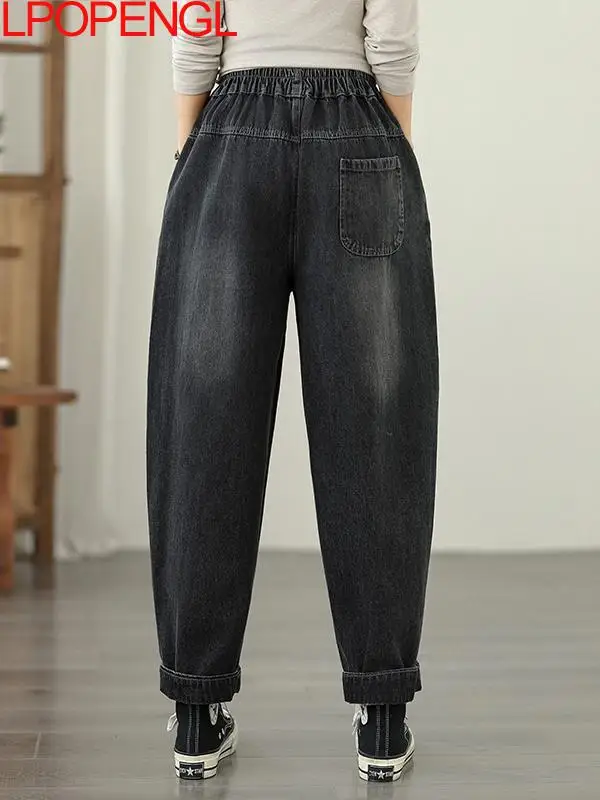 Jeans dritti in vita elastica a vita alta retrò moda stile etnico da donna 2025 nuovi pantaloni Harem con toppa allentata autunno e inverno 4