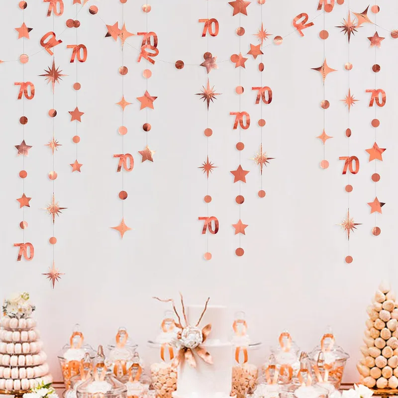 Oro rosa 70th Birthday Banner decorazioni numero 70 Circle Dot Twinkle Star ghirlande fondale appeso per la 70th Birthday Party 4