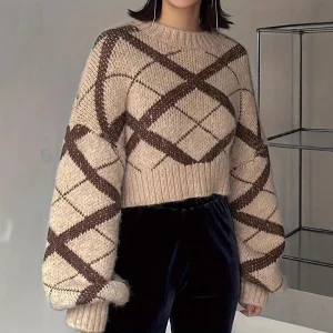 Maglione lavorato a maglia da donna vestibilità ampia Color Block 3D Crochet Primavera 2025 Design versatile vintage Stile casual Comodo poliestere 1