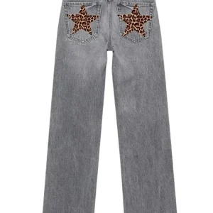 Cintura in denim con stampa leopardata toppa a stella jeans da donna a vita alta con gambe dritte abbigliamento moda pulizia pantaloni blu pantaloni vintage 1