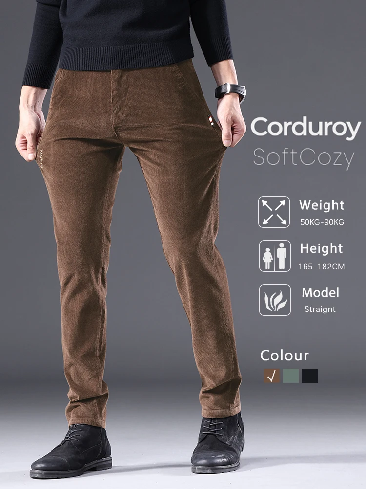 Autunno nuovi pantaloni Casual Slim in velluto a coste da uomo caffè di alta qualità moda comodi pantaloni dritti elasticizzati tinta unita maschile 1
