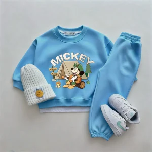 Top + Pantaloni 2 pezzi Felpe stampate Topolino Tute tinta unita Costume di moda per ragazzi Bambino Cartoon Abiti a maniche lunghe 1