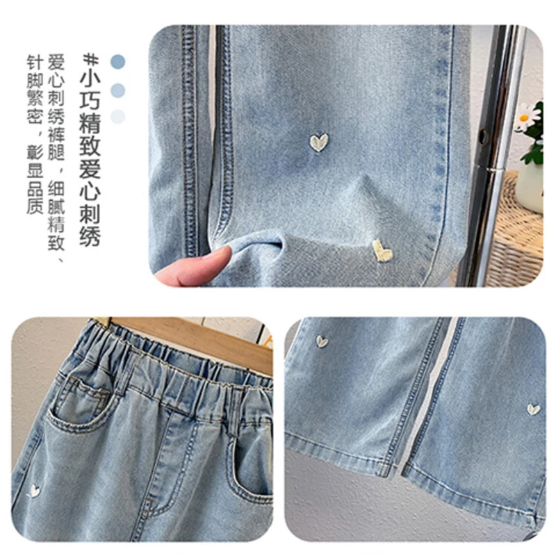 Nuovi jeans per ragazze adolescenti traspiranti autunno estate stampa completa modello a cuore pantaloni in denim a gamba larga per bambini da 4 a 14 anni 6