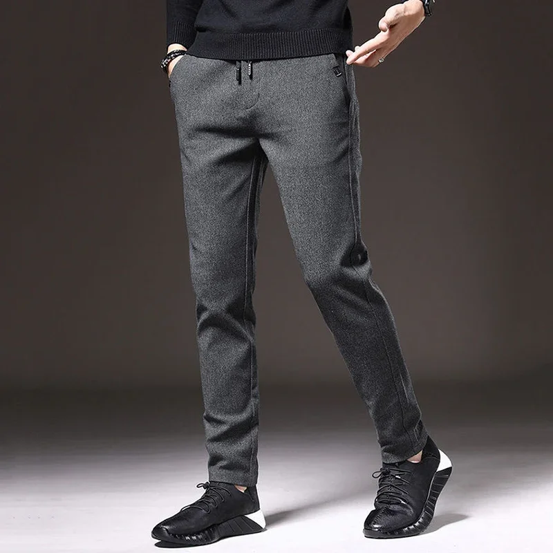 Pantaloni da ufficio termici da uomo autunno inverno pantaloni dritti a gamba stretta classici pantaloni casual con coulisse design allacciato pantaloni in pile addensati 3