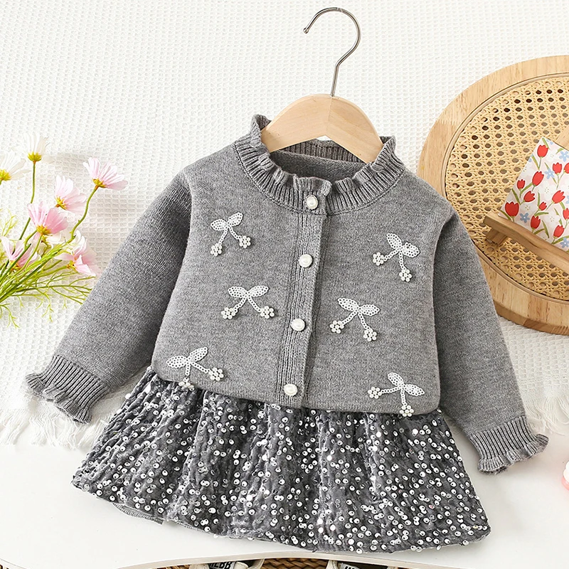 2025 Nuovo Autunno Inverno 2-6Yrs Neonate Abbigliamento Set Cardigan lavorato a maglia a maniche lunghe + Gonna corta Bambini Abbigliamento lavorato a maglia vestito 2