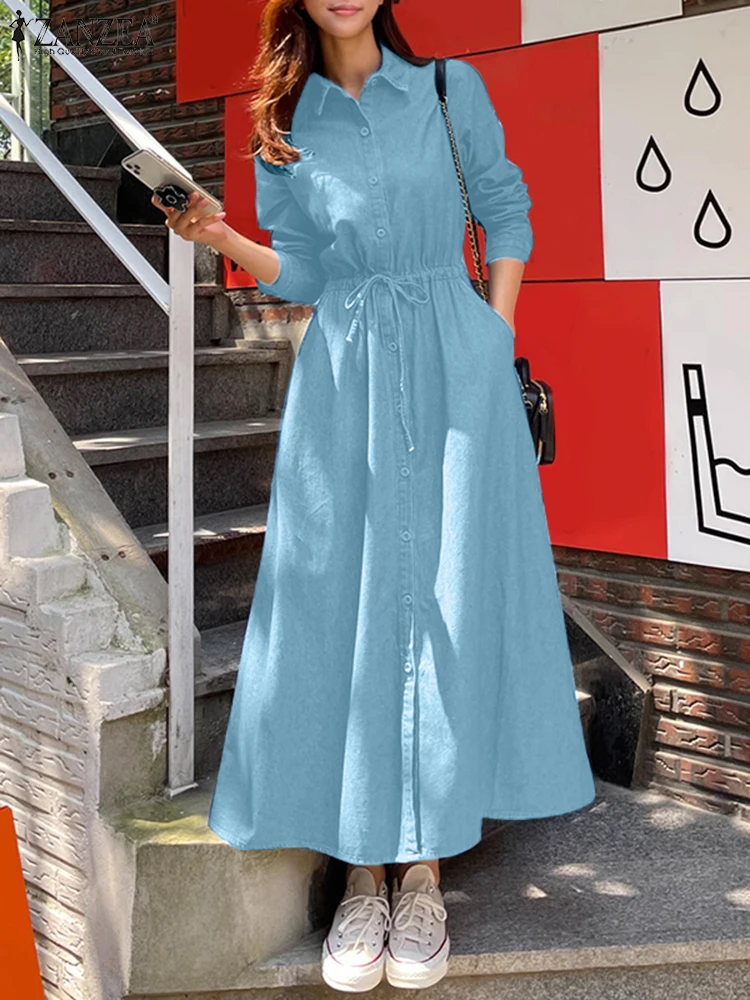ZANZEA Donna Elegante Manica Lunga Lavoro Vestito Estivo 2025 Primavera Denim Blu Abito Casual Risvolto Collo Vacanza Abiti Maxi Robe Caftano 3