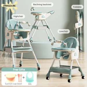 PANGDUBE seggiolone pieghevole per bambini seggiolone per neonati seggiolino reclinabile per alimenti con 4 ruote, ciotola, bavaglino 1