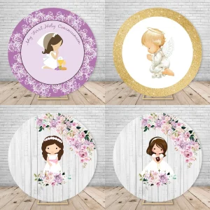 Il mio battesimo Sfondo rotondo Ragazzo Ragazza Angelo La mia prima comunione Baby Shower Festa Decorazione personalizzata Cerchio Sfondo 1