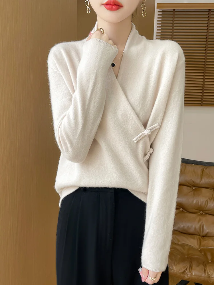 Maglione da donna in stile cinese Pullover Abbigliamento obliquo Autunno Inverno 100% maglione di lana merino con scollo a V Maglia sexy da ufficio Lady Top 2