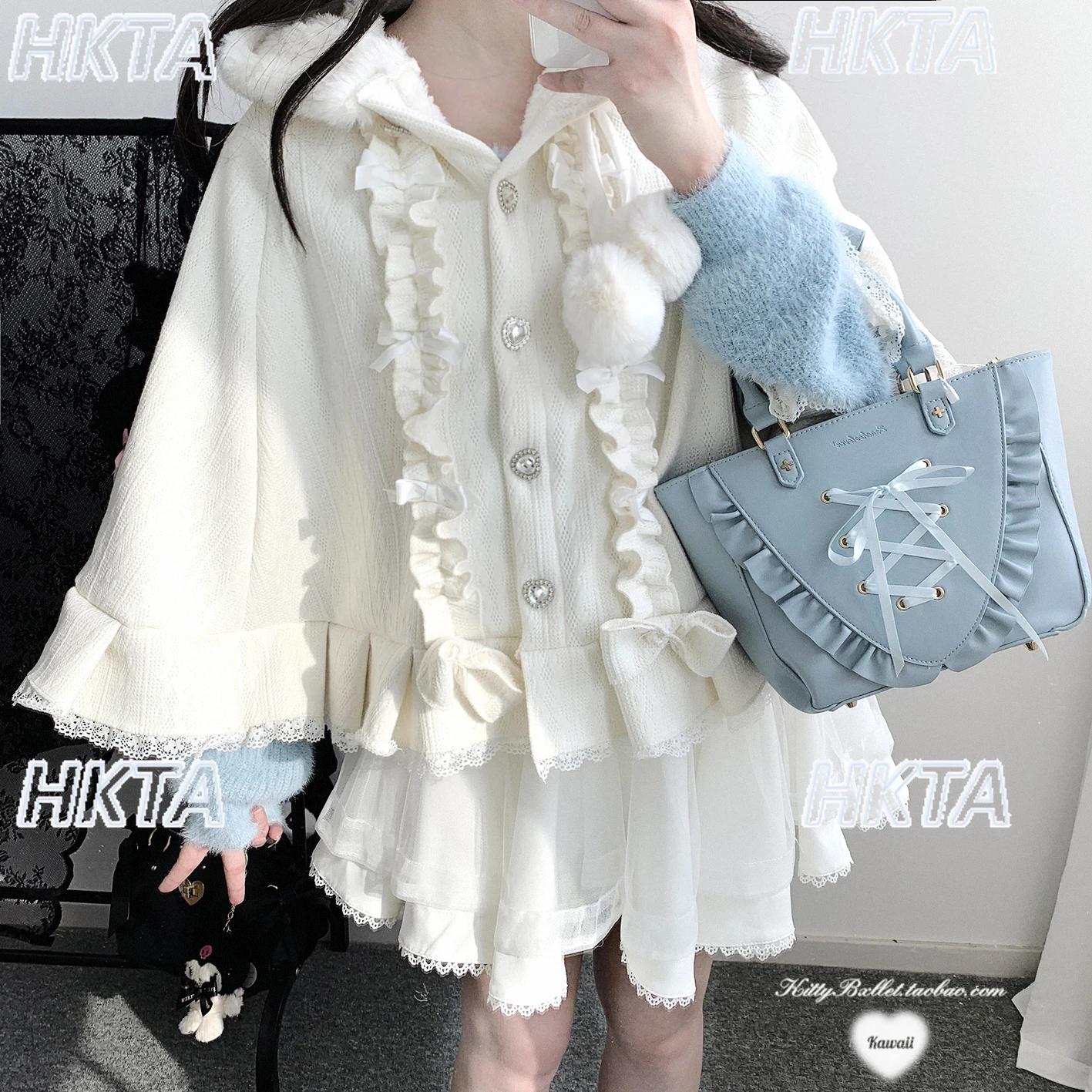 Cappotto scialle a mantella in stile giapponese originale donna 2025 autunno inverno nuovo scialle con giacca lavorata a maglia calda foderata in pile con foro di diamante 4