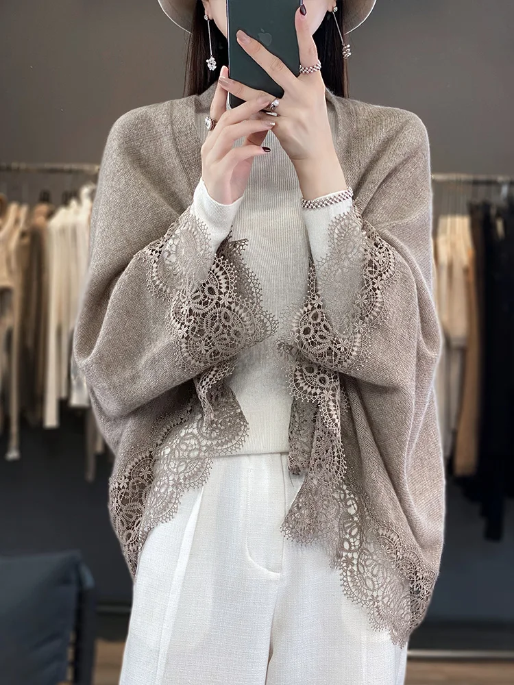 Nuove donne 100% lana merino cardigan sottile morbido cashmere maglieria pizzo mantello grazia morbido scialle sciarpa primavera autunno top abbigliamento 3