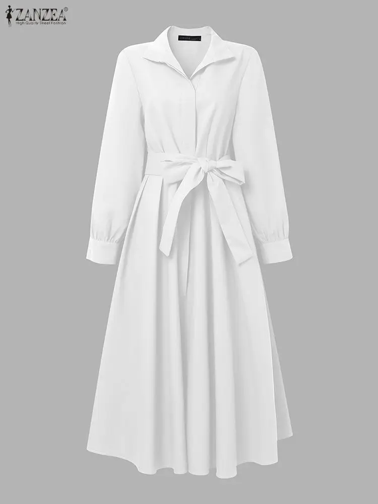 ZANZEA Moda Donna Risvolto Collo Manica Lunga Vestito Da Partito 2025 Autunno Ufficio OL Abiti Con Cintura Veste Solido Una Linea A Vita Vestito Estivo 2