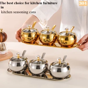 Pratico set di barattoli per spezie in acciaio inossidabile 304, dotato di cucchiaio e vassoio con coperchio in vetro trasparente, accessori per condimenti da cucina 1
