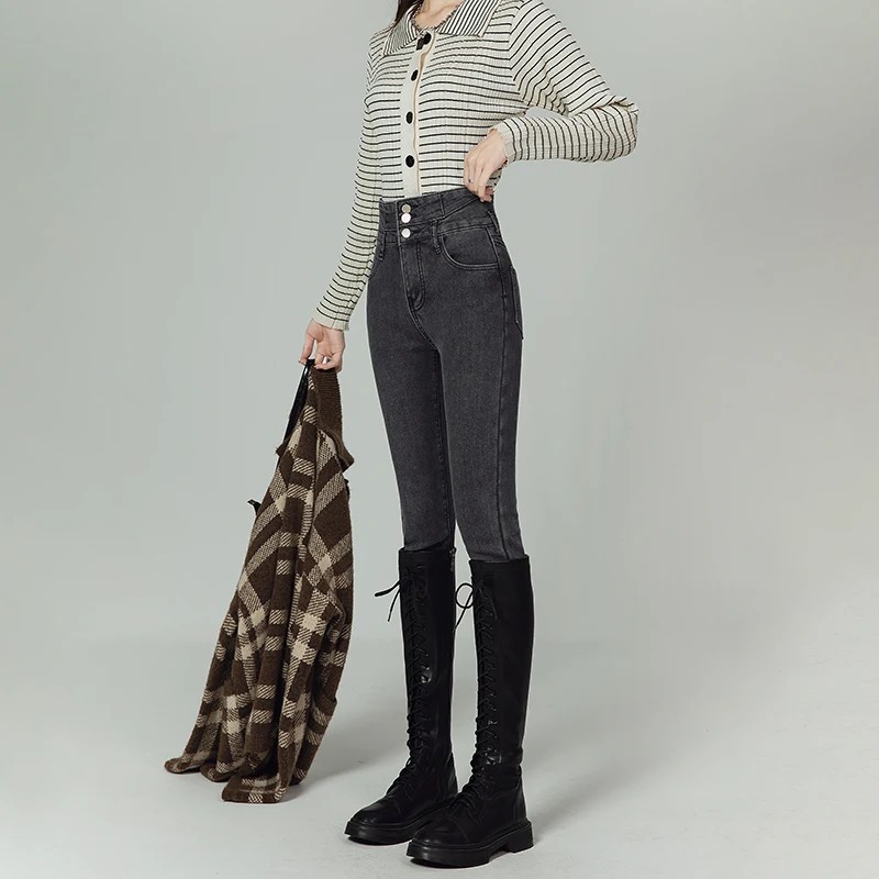 OUSSYU Jeans da donna in velluto spesso invernale Pantaloni skinny a vita alta Pantaloni a matita in denim casual da donna elasticizzati slim in pile caldo 3