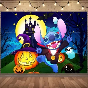 Disney Lilo & Stitch Zucca di Halloween Banner Fondale fotografico Sfondo festa di compleanno per bambini Baby Shower Banner Decor Prop 1