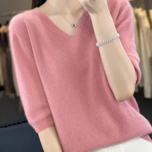T-shirt da donna in cashmere di lana merino 100% con scollo a V maglione pullover a mezza manica primavera estate maglieria moda morbida top comodi 1