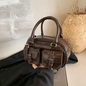 Borsa a cuscino minimalista in pelle cerata a olio da donna, borsa Boston retrò, borsa a spalla singola da pendolarismo 1