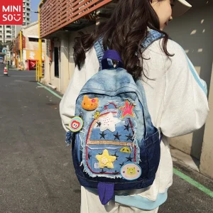 Zaino Miniso 2025 in denim sfumato, bookbag vintage stile street con toppe a stella 1