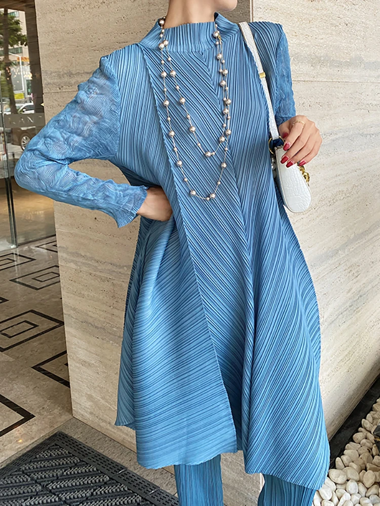 Miyake Set da donna a pieghe in due pezzi Autunno 2025 Inverno Nuovo abito casual allentato Moda in pizzo Abito lungo Top Matita Pantalone 5