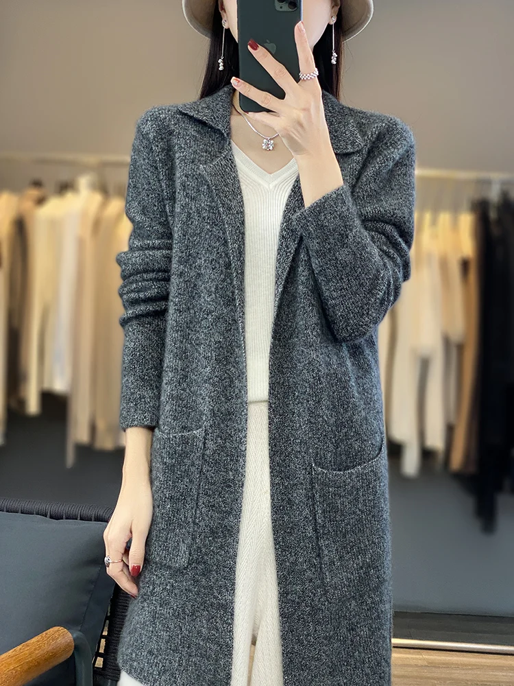 Autunno Inverno Donna 100% lana merino soprabito maglione scollo a V stile lungo cardigan manica lunga maglieria abbigliamento casual in cashmere 3