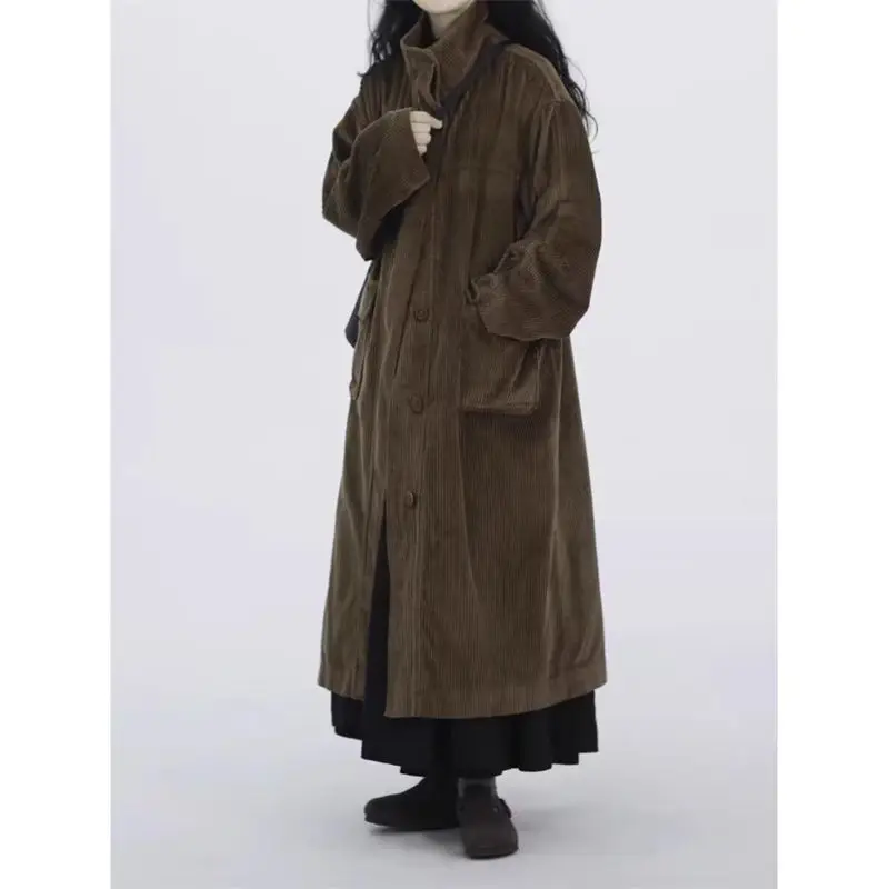 Giacca a vento medio lunga in velluto a coste di cotone per donna Autunno/Inverno 2024 Cappotto con colletto alla coreana artistico vintage Cappotto A389 2