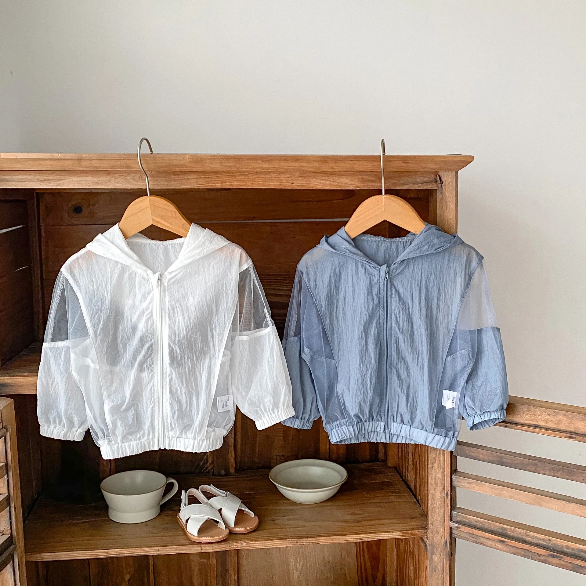 Estate 0-3 Bambino Versatile Maglia con cappuccio Impiombato Tinta unita Cerniera Protezione solare e camicia traspirante per aria condizionata Cappotto piccolo 2