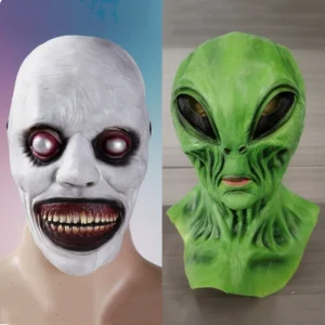 Copricapo con maschera in lattice alieno, costume horror di Halloween e divertente per le vacanze, cosplay, stanza di fuga, casa stregata 1