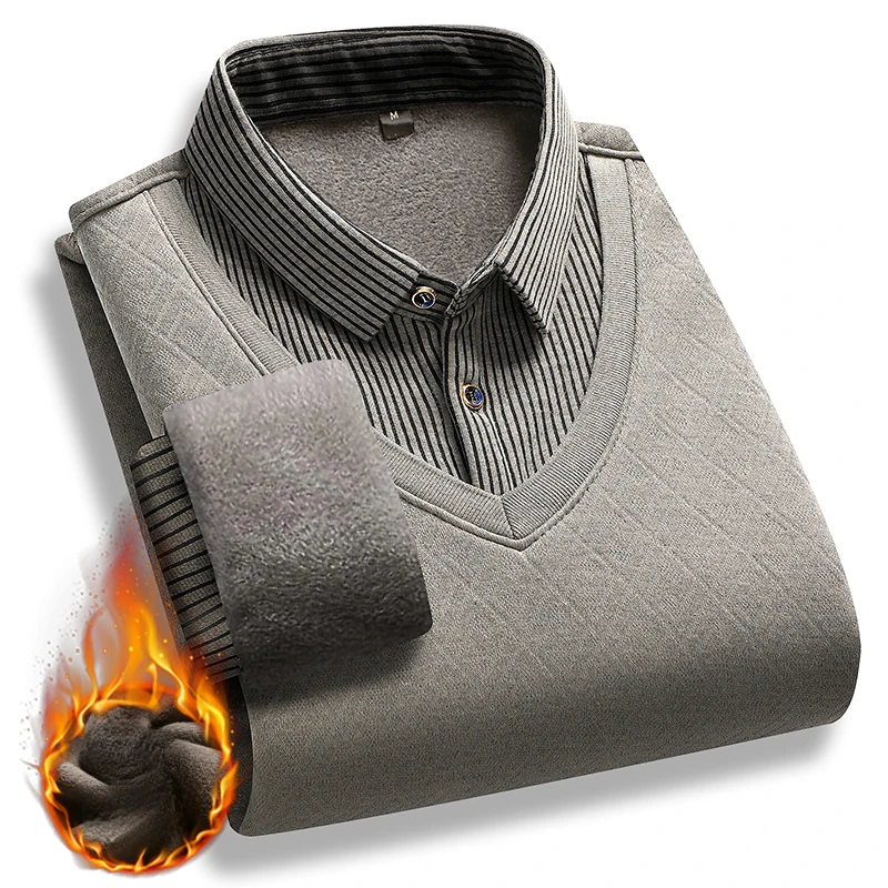 Inverno caldo pullover spesso uomo polo collo falso due pezzi maglioni moda casual a righe foderato in pile maglione lavorato a maglia maglioni 4