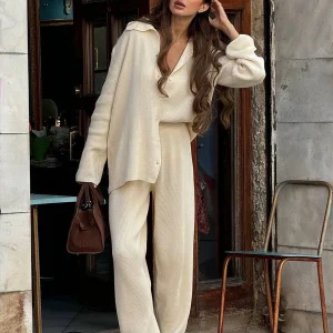 Bornladies Autunno Inverno Nuovi pantaloni cardigan in maglia Set maglione casual in due pezzi allentato da donna Completo lavorato a maglia morbido caldo spesso 1