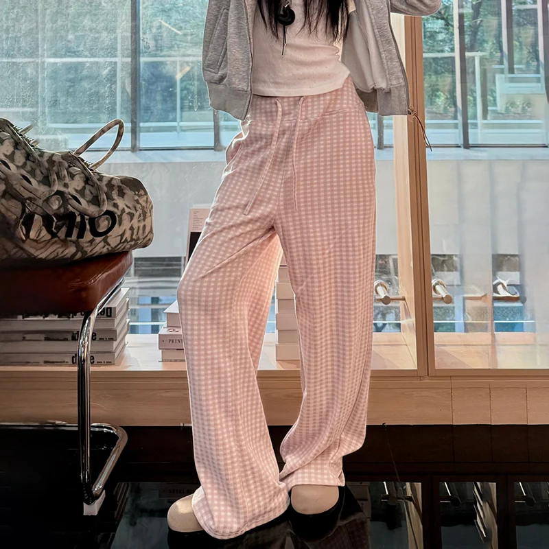 Pantaloni dritti scozzesi rosa da donna autunno inverno Pantaloni a gamba larga con coulisse a vita alta 2025 Harajuku Y2K Abiti da donna da strada 2