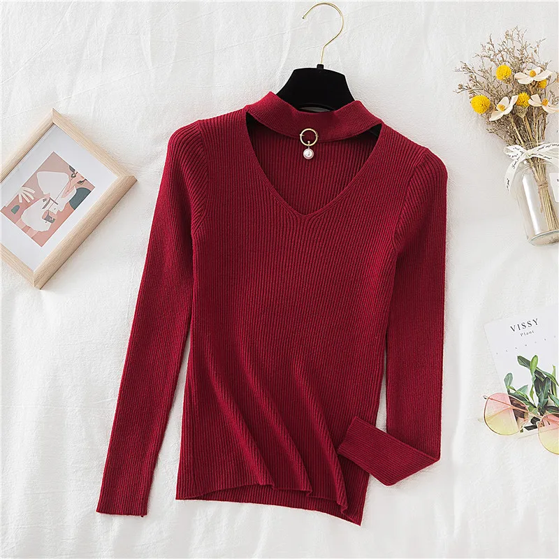Woherb 2025 Basic scollo a V che borda solido autunno inverno maglione pullover donna maglioni lavorati a maglia maglione Badycon elasticizzato sottile Mujer 6