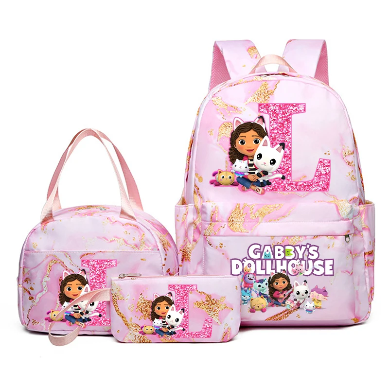 3 pezzi Gabby Dollhouses Zaino per bambini Astuccio per matite Borsa da scuola per lettere di cartoni animati Kawaii Zaino per ragazze di grande capacità Regali di compleanno 3