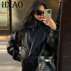 HXAO 2025 Giacche da donna Giacca in pelle nera pu Autunno Novità in cappotti e giacche Capispalla asimmetrici a maniche lunghe con cerniera 1