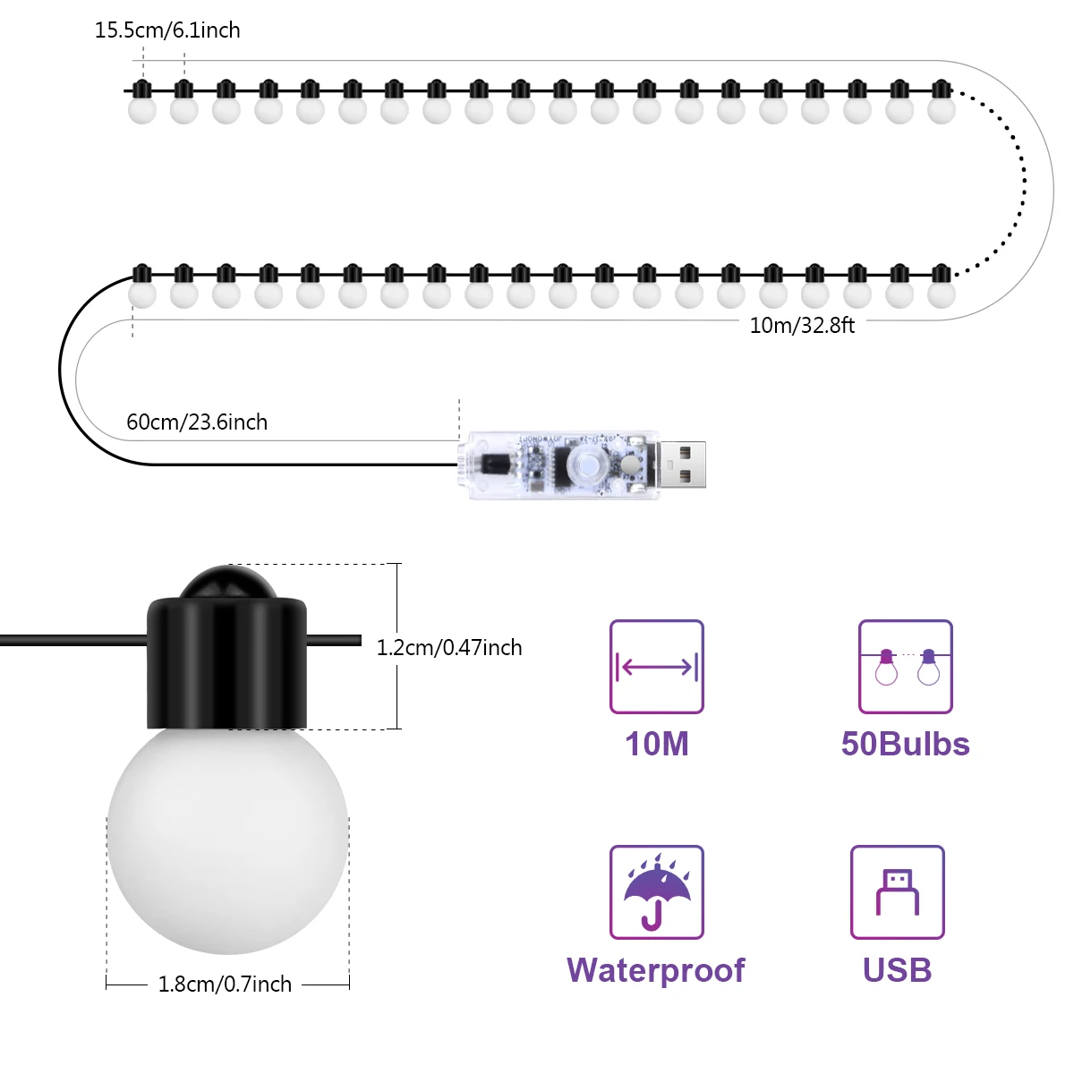 USB Bluetooth LED String Light 10M 50 lampadine RGBIC Lucine Natale Camera da letto Giardino esterno Decorazione da campeggio Lampada ghirlanda a LED 2
