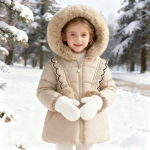 2025 Cappotto antivento con cappuccio Capispalla invernale per ragazze Cappotto in cotone spesso per bambini Ragazze per bambini Giacca calda con perle Colletto in peluche Outdorr 1
