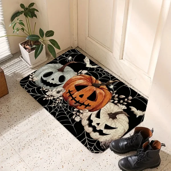 Tappeto decorativo con zucca di Halloween Tappetino con design a ragnatela di zucca nera Tappetino decorativo per porta d'ingresso spaventoso e spettrale 4