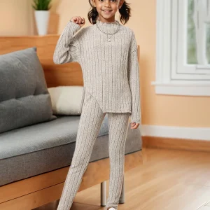Abbigliamento per bambini Ins Ragazze Autunno Outfit Set Ragazze Manica lunga Split Knit Top Pantaloni skinny Due pezzi Bambini Autunno Inverno Abiti solidi 1