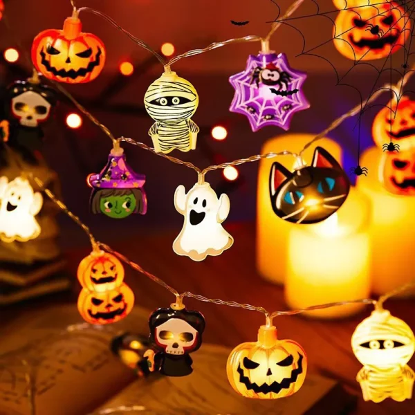 Luci a stringa a LED per decorazioni di Halloween, lampada a sospensione a ragnatela fantasma di zucca, oggetti di scena per lanterne all'aperto per la casa 1