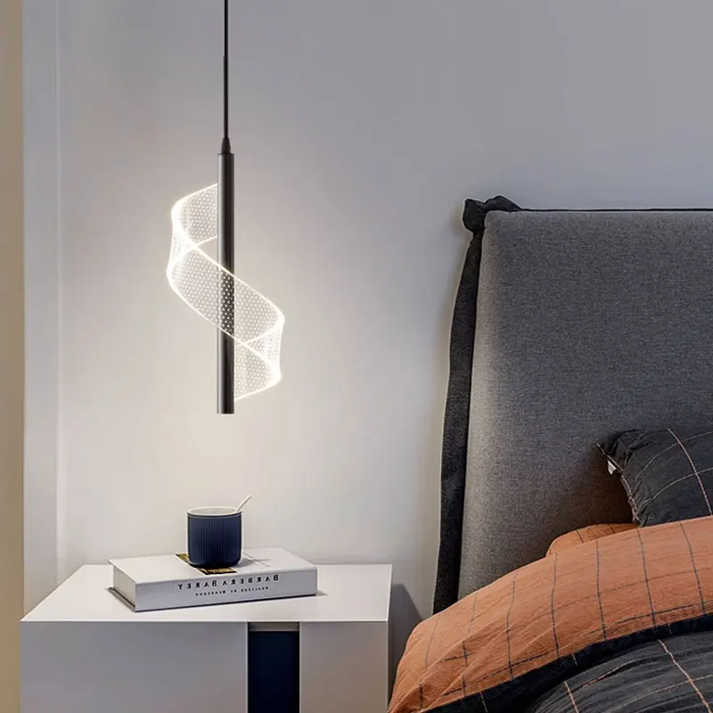 Lampade a sospensione a LED a spirale nordica Lampada a sospensione da comodino Illuminazione per interni Camera da letto Soggiorno Decorazione domestica Luce moderna in acrilico 4