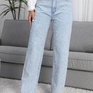 Jeans in denim a gamba dritta da donna con dettaglio di perle finte alla moda Jeans non elasticizzati stile casual Pantaloni in denim a vita media azzurri 1